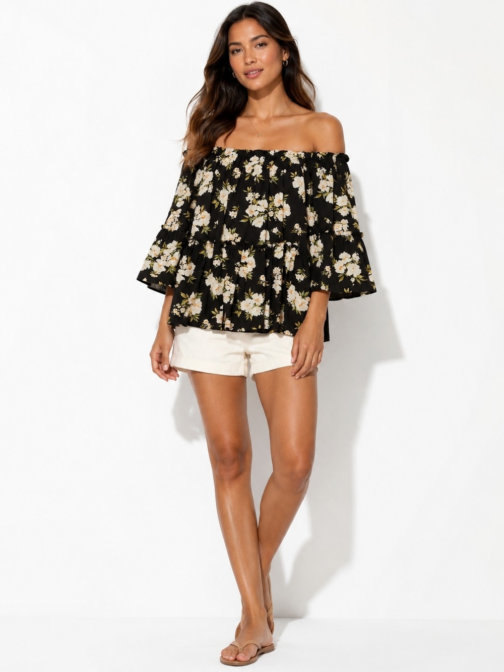 American Eagle Outfitters Black Floral Off-Shoulder Tiered Top